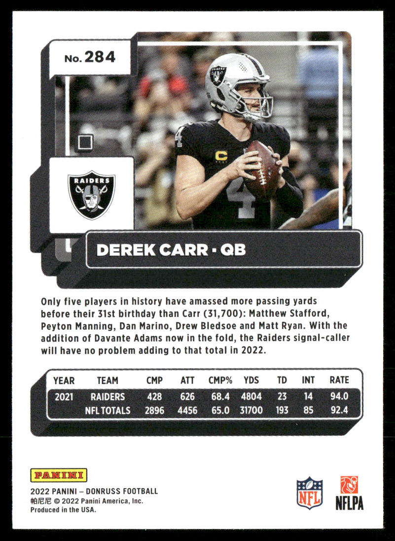 Derek Carr 2022 Donruss #284 Las Vegas Raiders