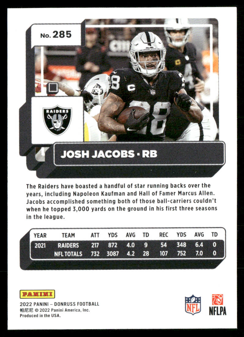 Josh Jacobs 2022 Donruss #285 Las Vegas Raiders