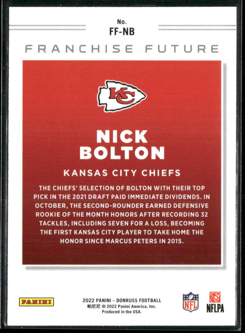 Nick Bolton 2022 Donruss Franchise Future #FF-NB Kansas City Chiefs