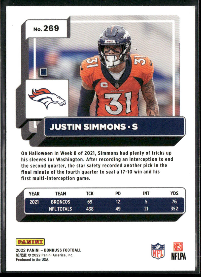 Justin Simmons 2022 Donruss Blue Press Proof #269 Denver Broncos