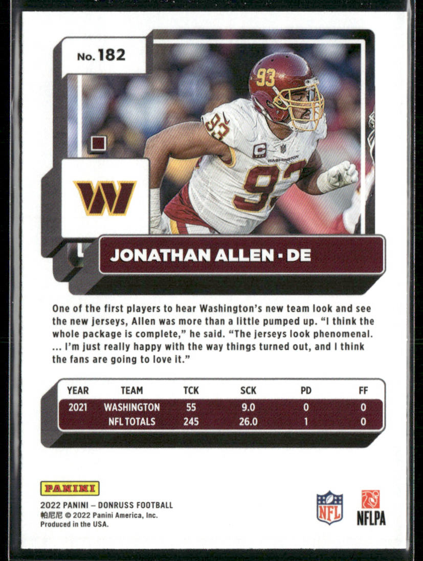 Jonathan Allen 2022 Donruss Blue Press Proof #182 Washington Commanders