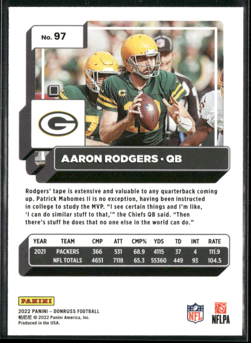 Aaron Rodgers 2022 Donruss Blue Press Proof #97 Green Bay Packers