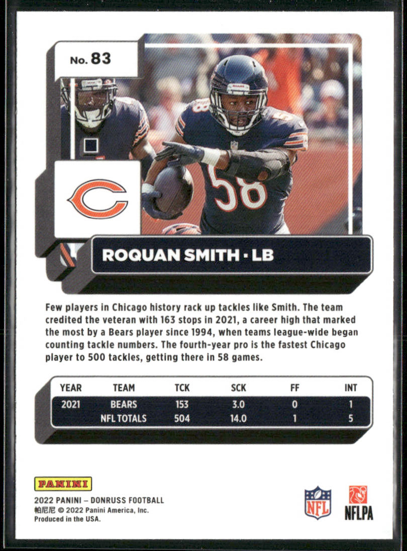 Roquan Smith 2022 Donruss Blue Press Proof #83 Chicago Bears