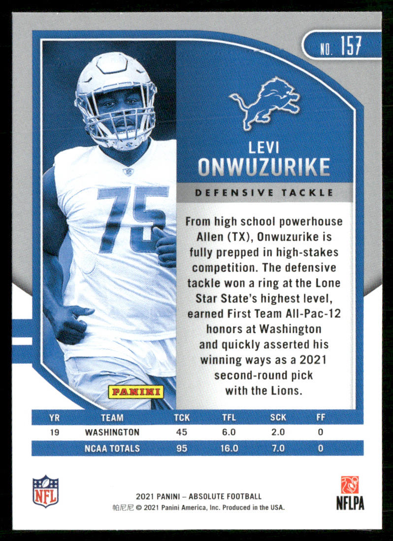 Levi Onwuzurike 2021 Panini Absolute Retail #157 RC Detroit Lions