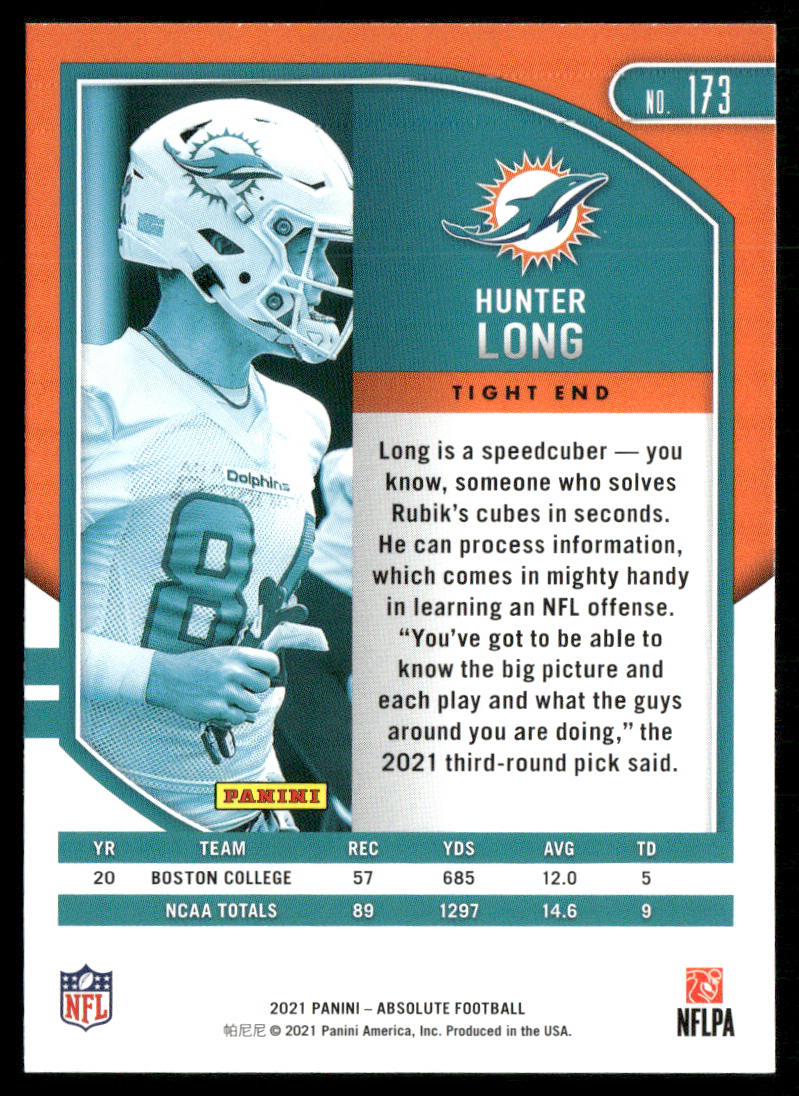 Hunter Long 2021 Panini Absolute Retail #173 RC Miami Dolphins