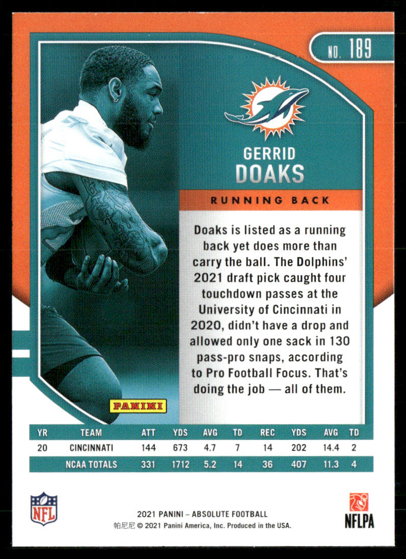 Gerrid Doaks 2021 Panini Absolute Retail #189 RC Miami Dolphins