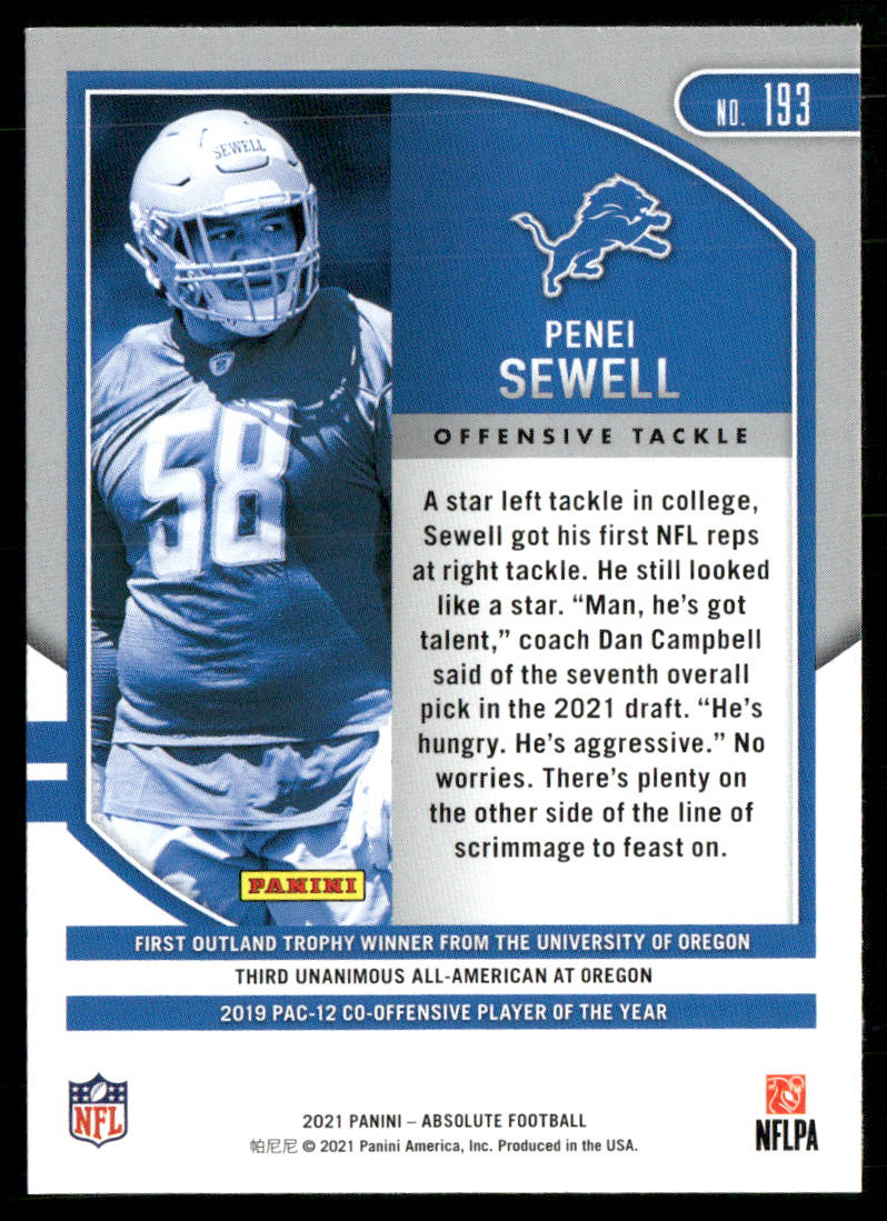 Penei Sewell 2021 Panini Absolute Retail #193 RC Detroit Lions