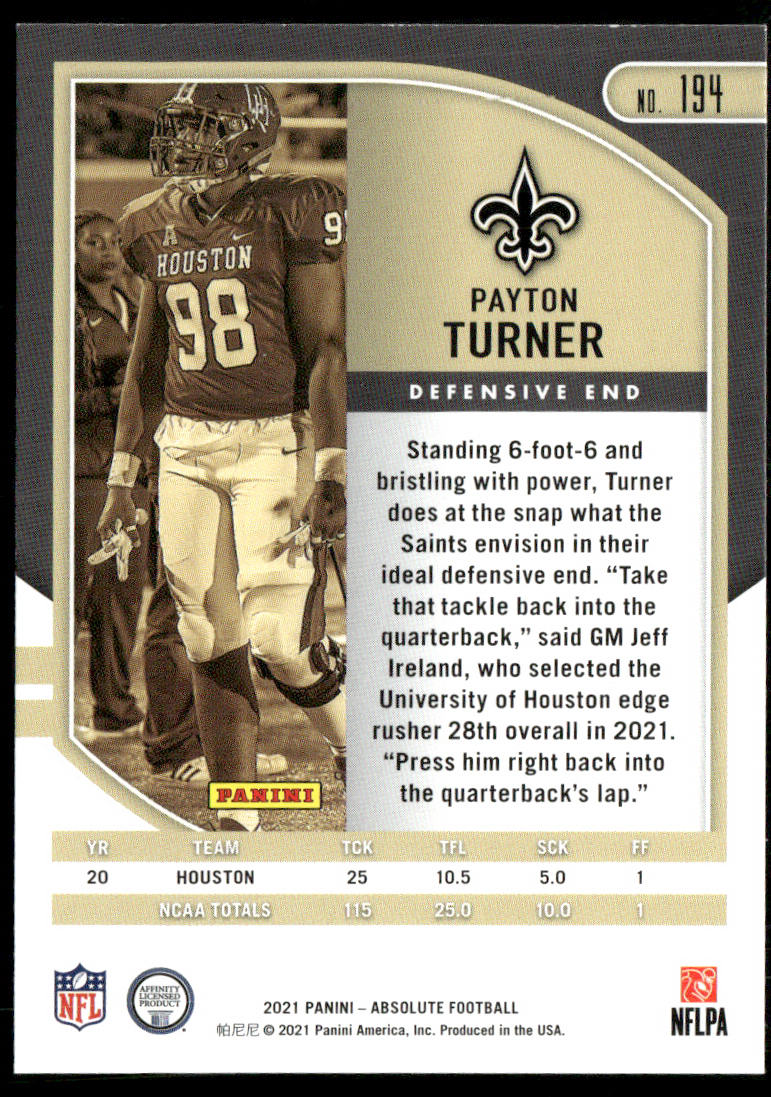 Payton Turner 2021 Panini Absolute Retail #194 RC New Orleans Saints