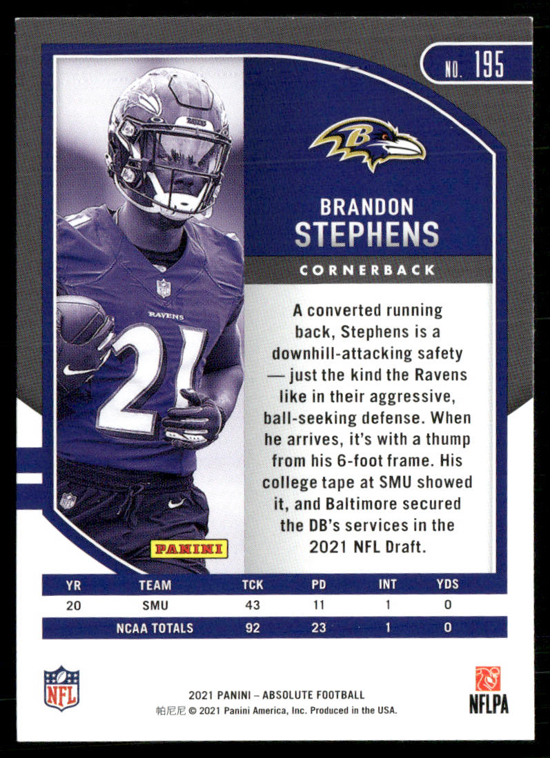 Brandon Stephens 2021 Panini Absolute Retail #195 RC Baltimore Ravens