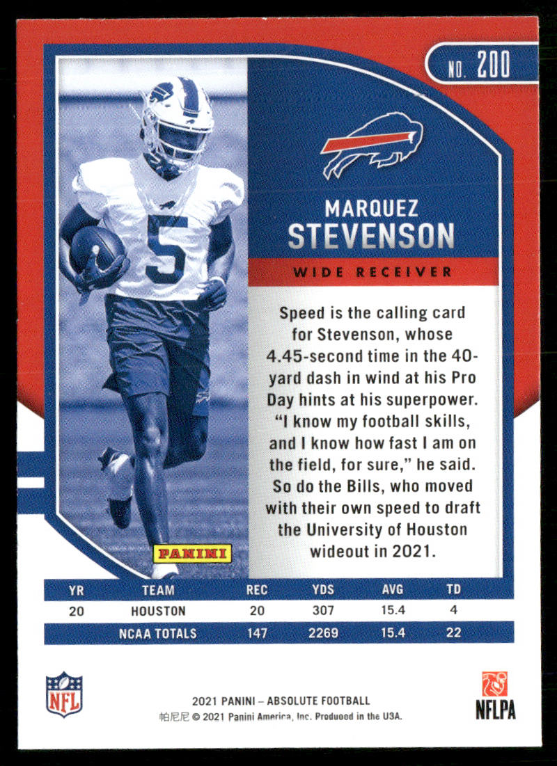Marquez Stevenson 2021 Panini Absolute Retail #200 RC Buffalo Bills