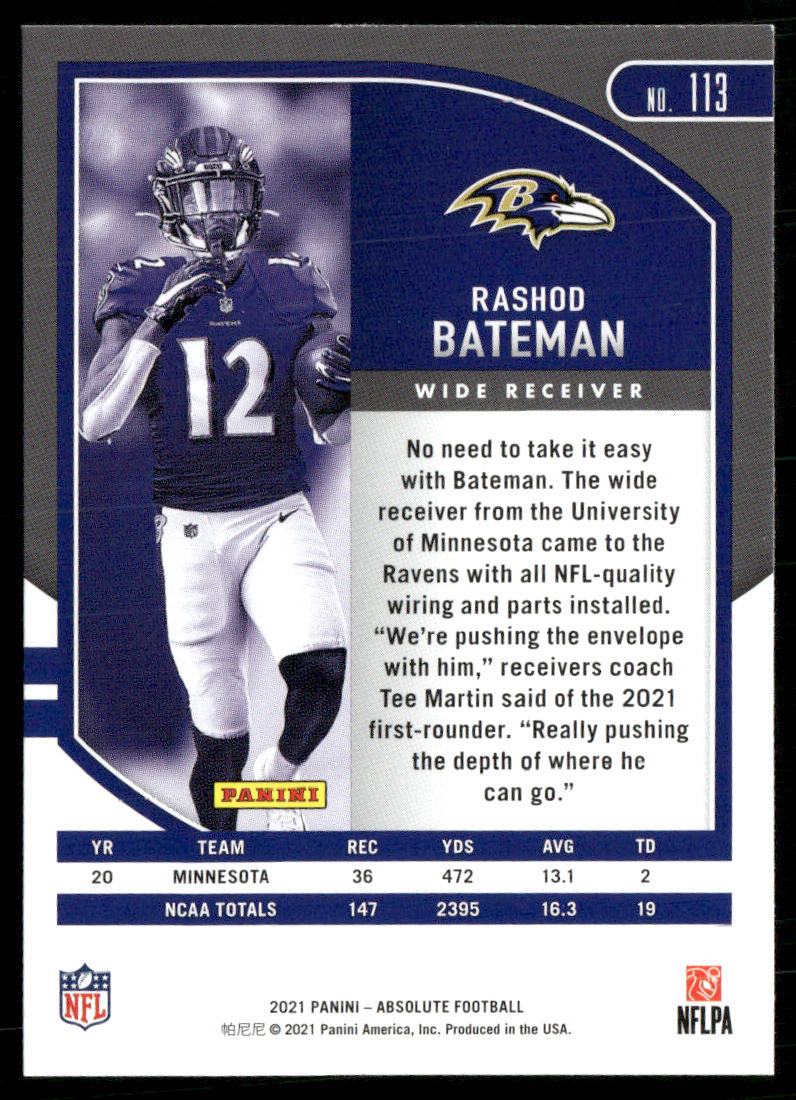 Rashod Bateman 2021 Panini Absolute Retail #113 RC Baltimore Ravens