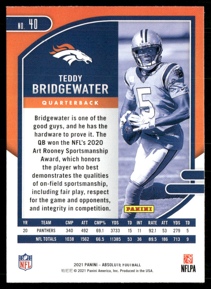 Teddy Bridgewater 2021 Panini Absolute Retail #40 Denver Broncos