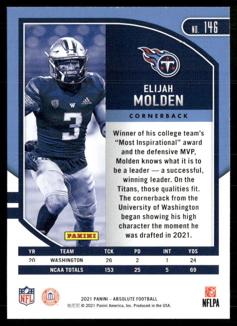 Elijah Molden 2021 Panini Absolute Retail #146 RC Tennessee Titans