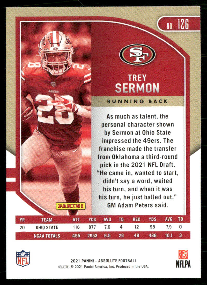 Trey Sermon 2021 Panini Absolute Retail #126 RC San Francisco 49ers