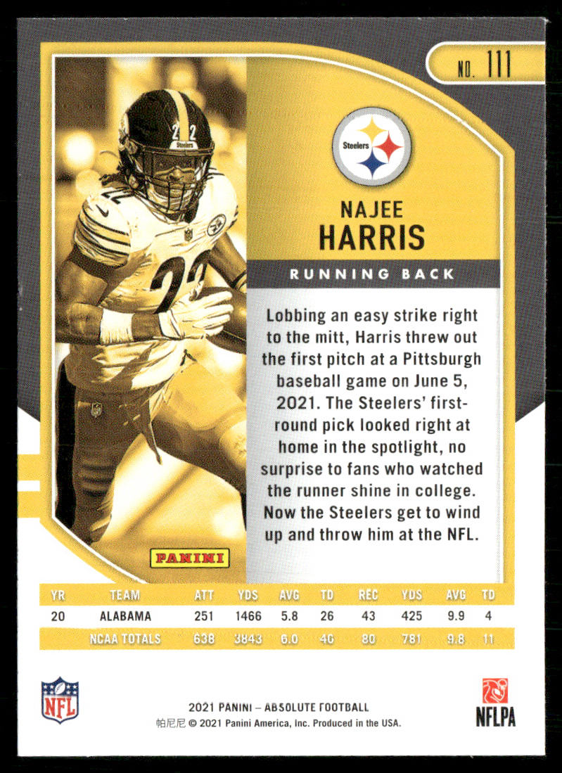 Najee Harris 2021 Panini Absolute Retail #111 RC Pittsburgh Steelers