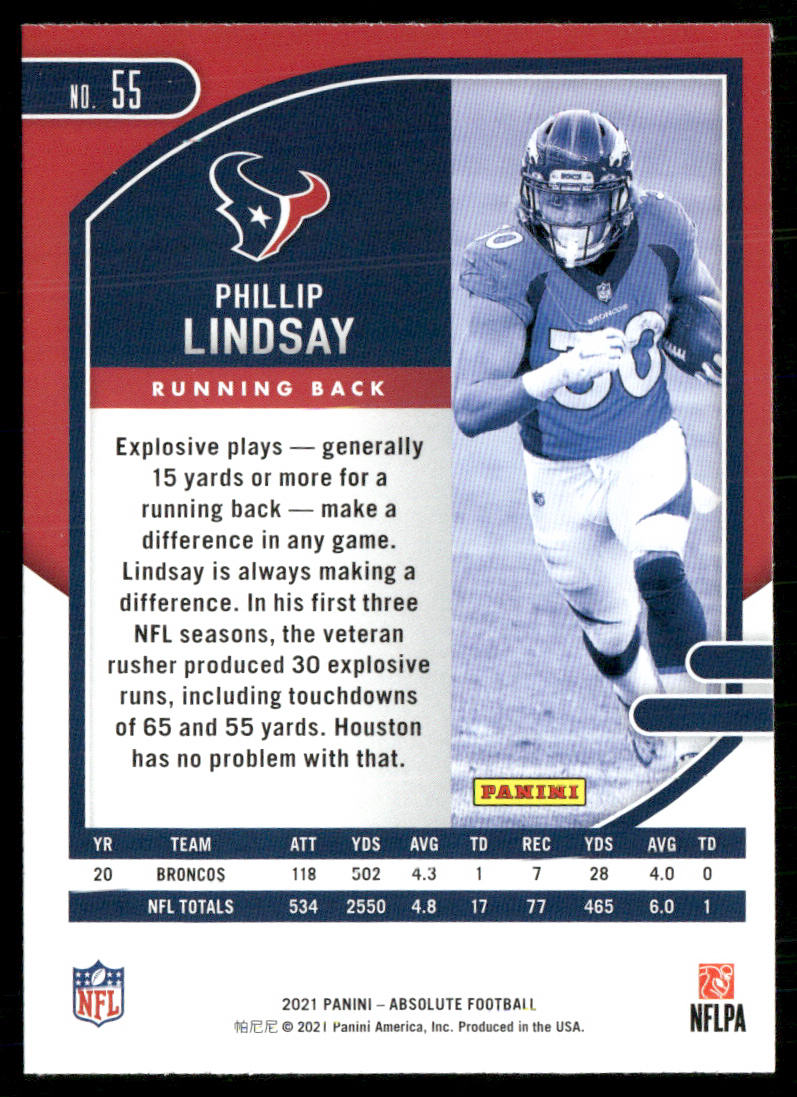 Phillip Lindsay 2021 Panini Absolute Retail #55 Houston Texans