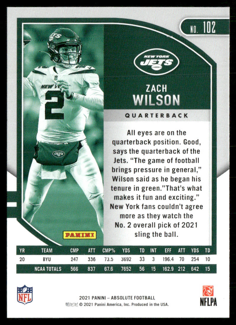 Zach Wilson 2021 Panini Absolute Retail #102 RC New York Jets