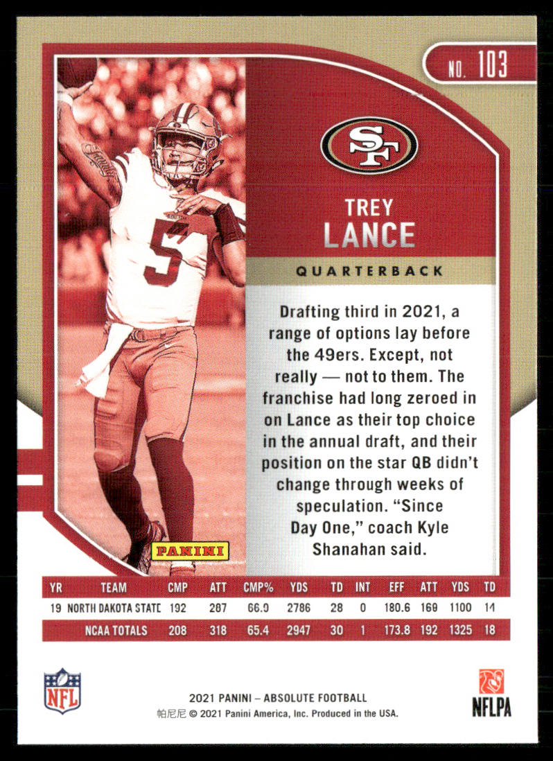Trey Lance 2021 Panini Absolute Retail #103 RC San Francisco 49ers