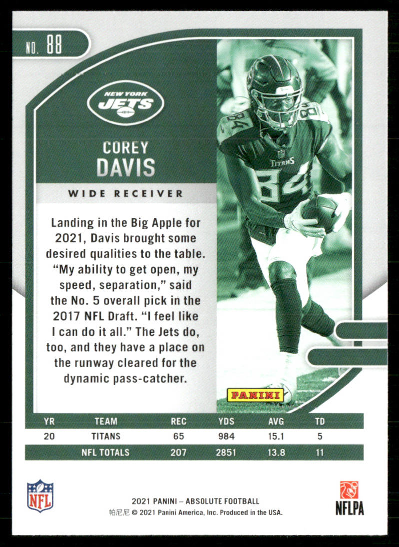 Corey Davis 2021 Panini Absolute Retail #88 New York Jets