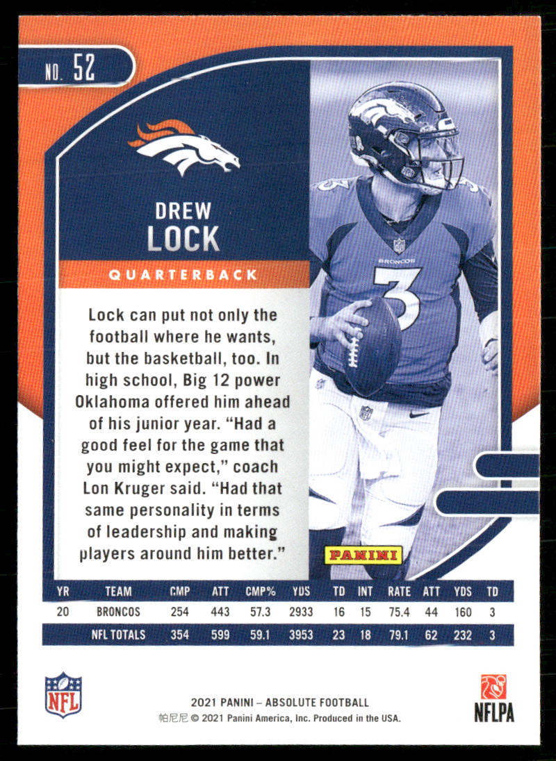 Drew Lock 2021 Panini Absolute Retail #52 Denver Broncos