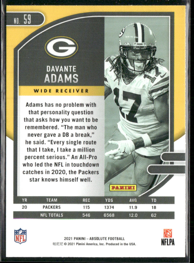 Davante Adams 2021 Panini Absolute Green #59 Green Bay Packers