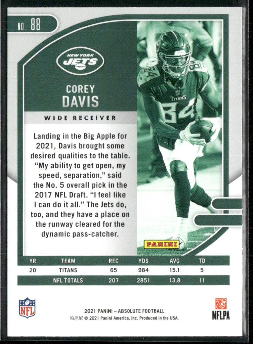 Corey Davis 2021 Panini Absolute Green #88 New York Jets
