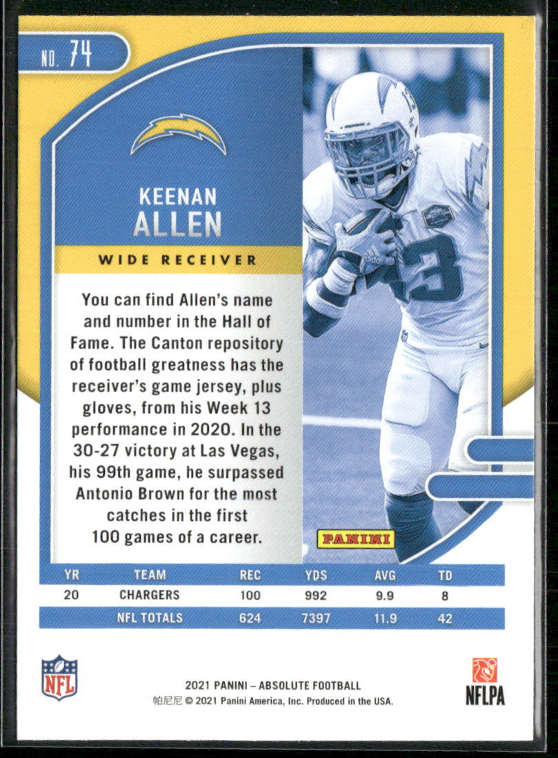 Keenan Allen 2021 Panini Absolute Green #74 Los Angeles Chargers
