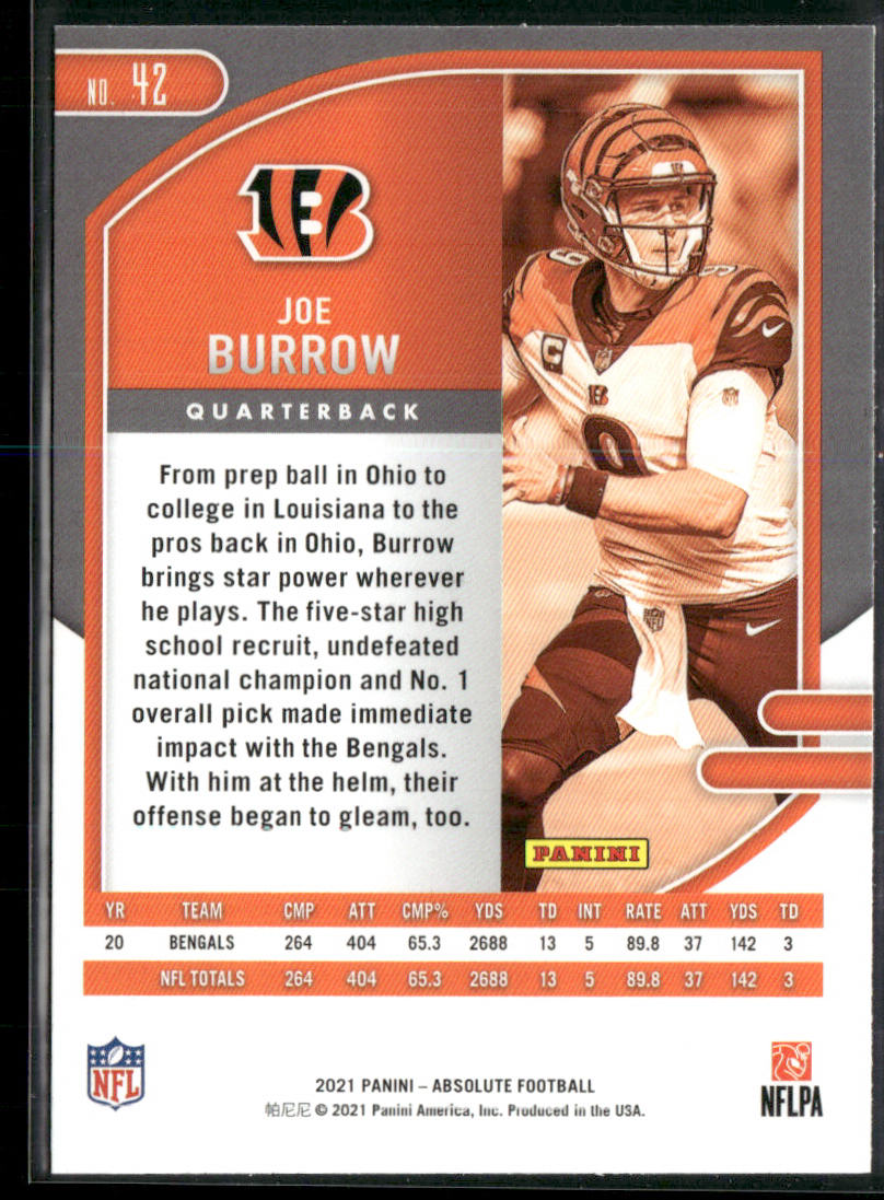 Joe Burrow 2021 Panini Absolute Green #42 Cincinnati Bengals
