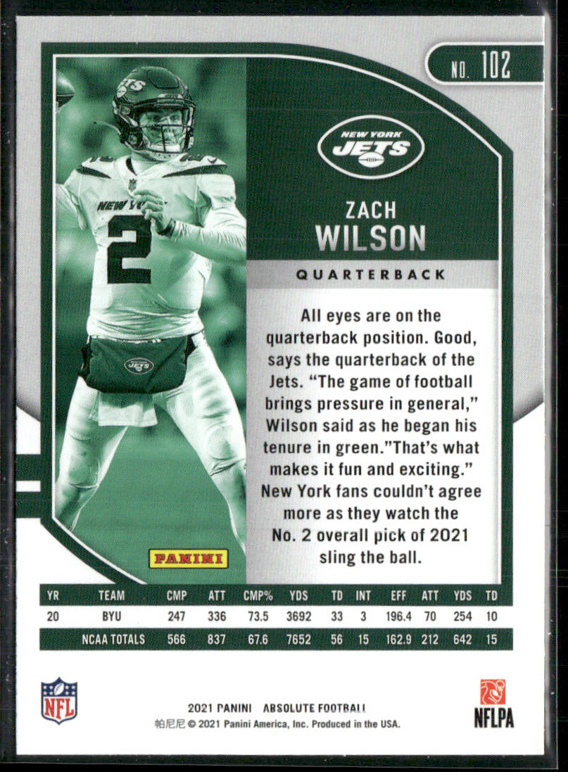 Zach Wilson 2021 Panini Absolute Green #102 New York Jets