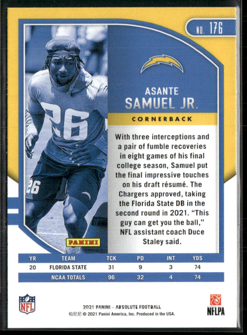 Asante Samuel Jr. 2021 Panini Absolute Green #176 Los Angeles Chargers