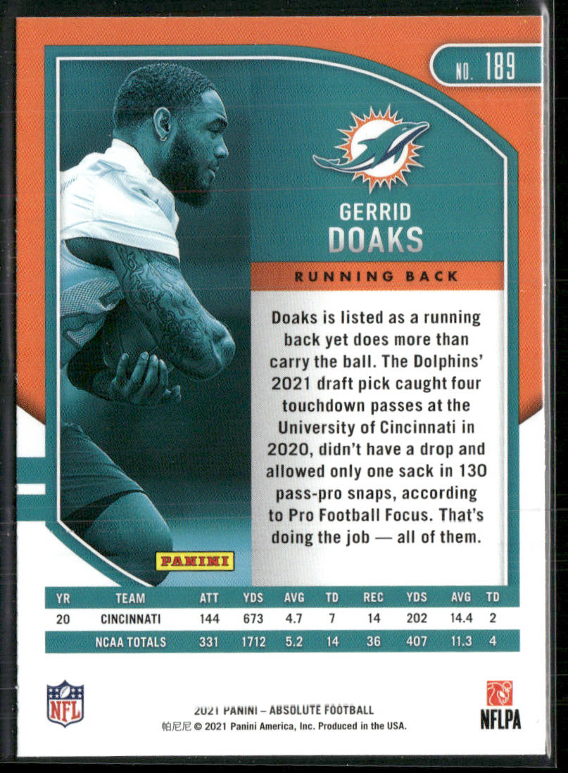 Gerrid Doaks 2021 Panini Absolute Green #189 Miami Dolphins