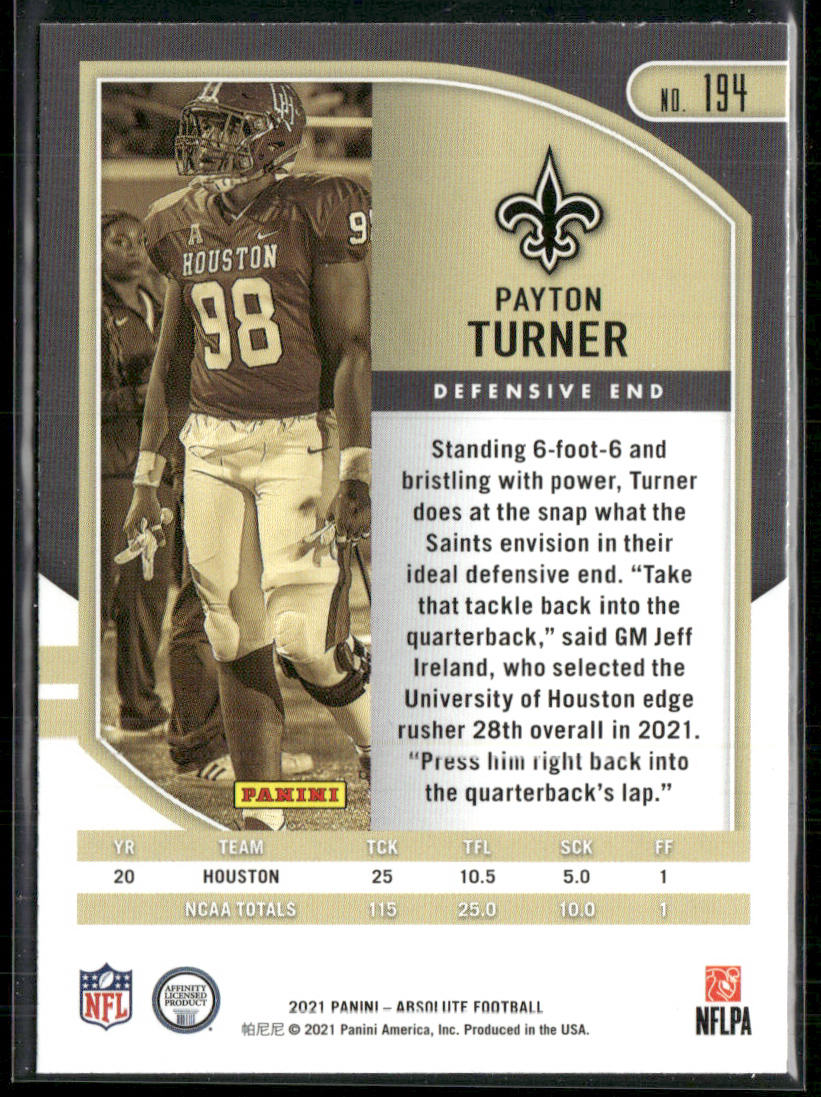 Payton Turner 2021 Panini Absolute Green #194 New Orleans Saints