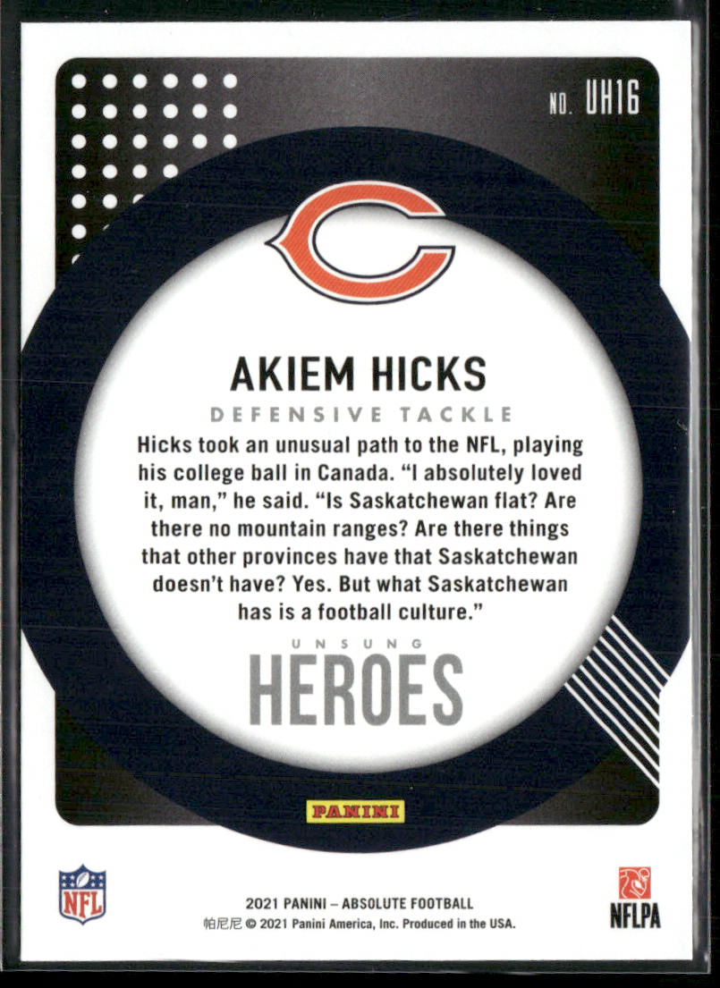 Akiem Hicks 2021 Panini Absolute Unsung Heroes #UH16 Chicago Bears
