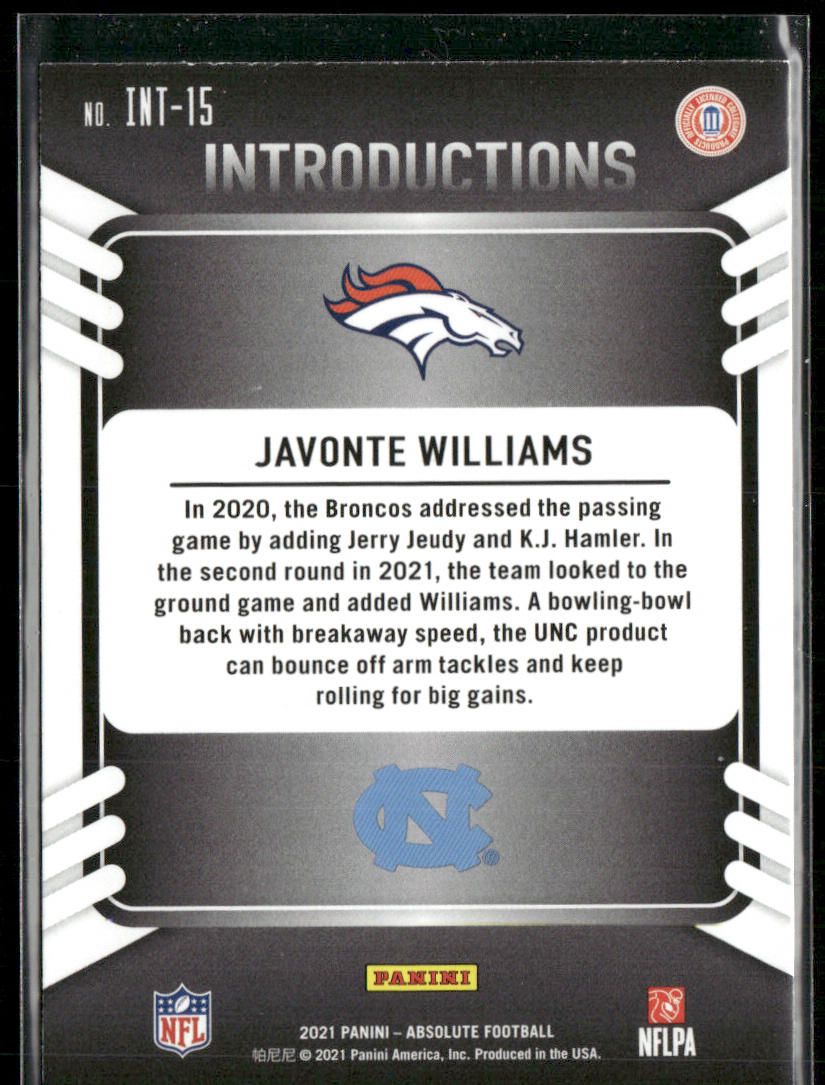 Javonte Williams 2021 Panini Absolute Introductions #INT-15