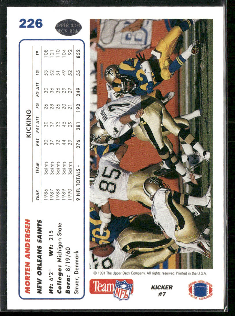 Morten Andersen 1991 Upper Deck #226 New Orleans Saints