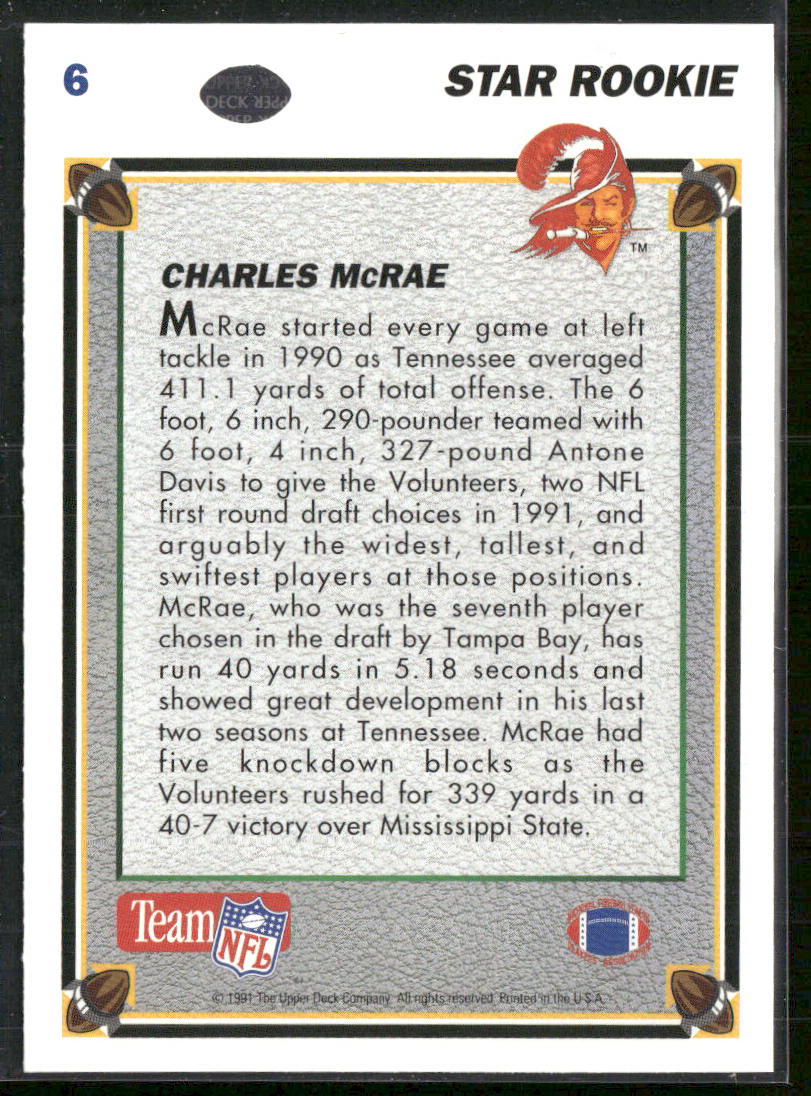 Charles McRae 1991 Upper Deck #6c RC Tampa Bay Buccaneers
