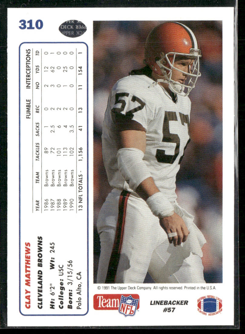 Clay Matthews 1991 Upper Deck #310 Cleveland Browns