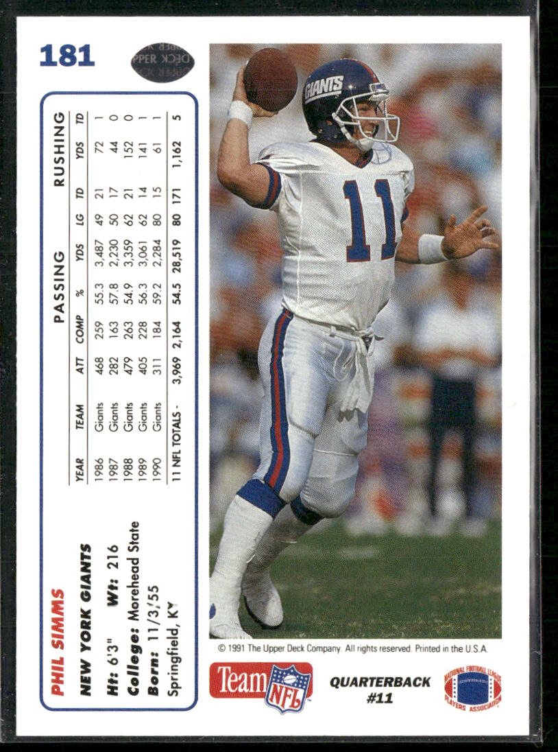 Phil Simms 1991 Upper Deck #181 New York Giants