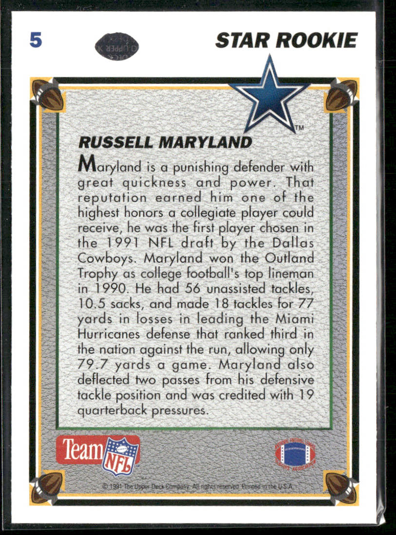 Russell Maryland 1991 Upper Deck #5b RC Dallas Cowboys