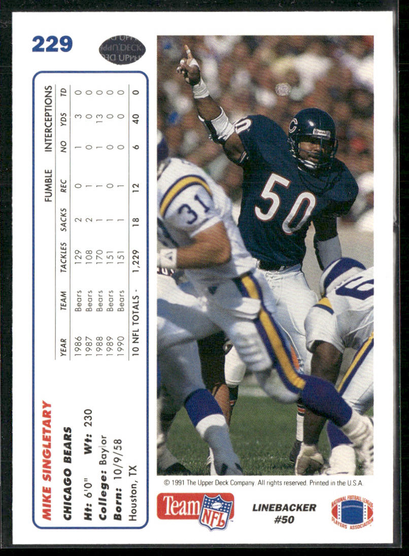 Mike Singletary 1991 Upper Deck #229 Chicago Bears