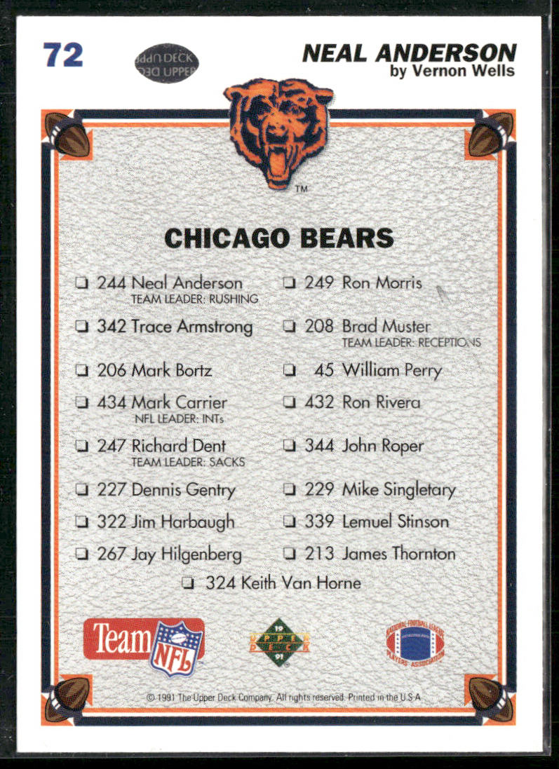 Neal Anderson 1991 Upper Deck #72 Chicago Bears