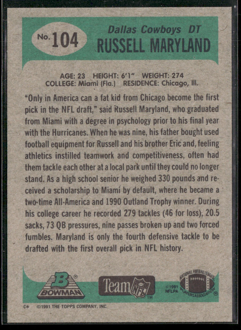 Russell Maryland 1991 Bowman #104 RC Dallas Cowboys