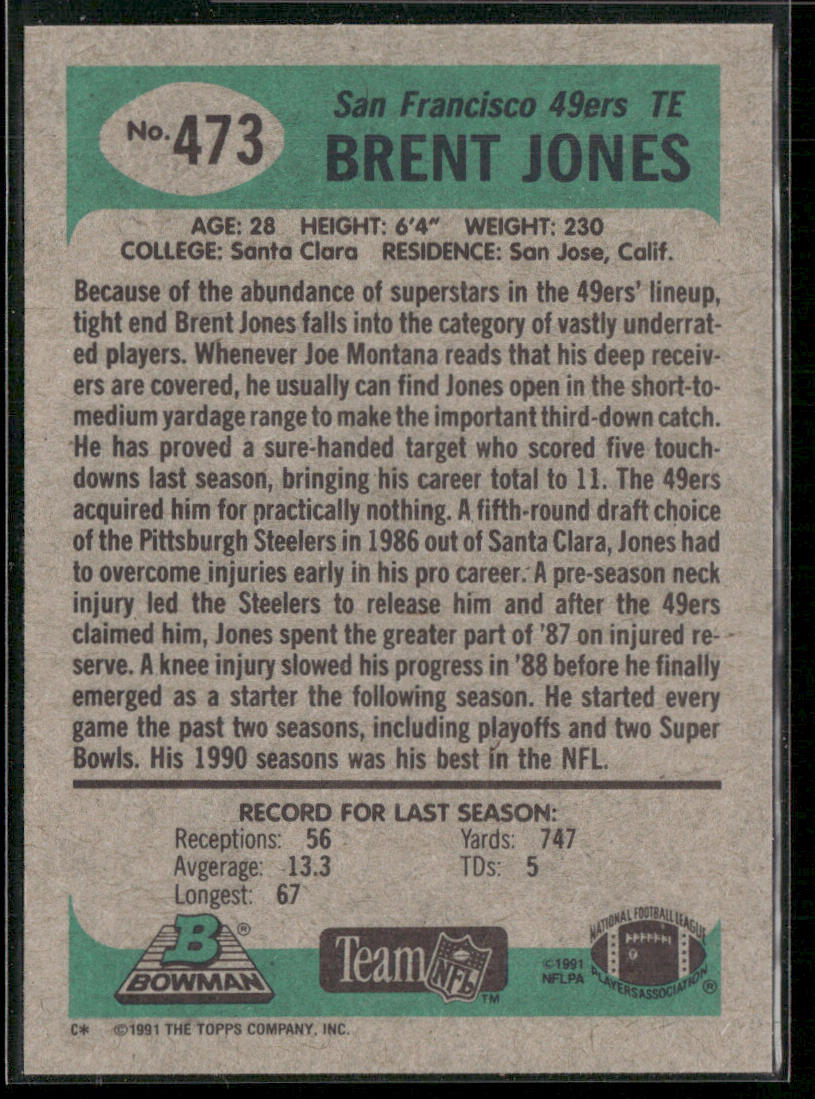 Brent Jones 1991 Bowman #473 San Francisco 49ers