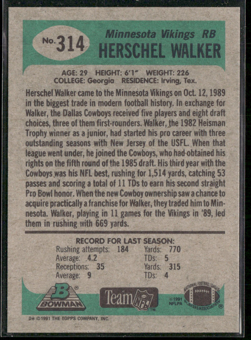 Herschel Walker 1991 Bowman #314 Minnesota Vikings