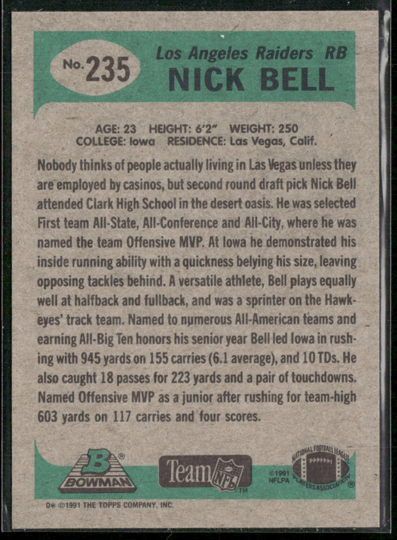 Nick Bell 1991 Bowman #235 RC Los Angeles Raiders
