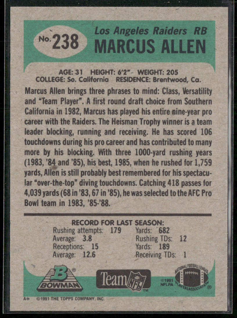 Marcus Allen 1991 Bowman #238 Los Angeles Raiders