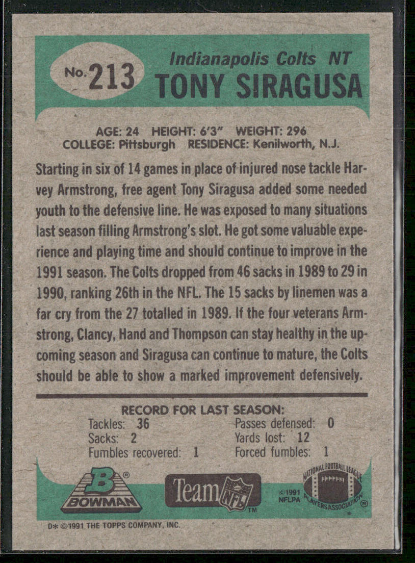 Tony Siragusa 1991 Bowman #213 RC Indianapolis Colts