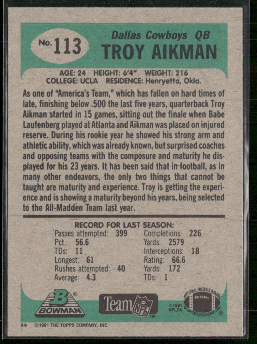 Troy Aikman 1991 Bowman #113 Dallas Cowboys