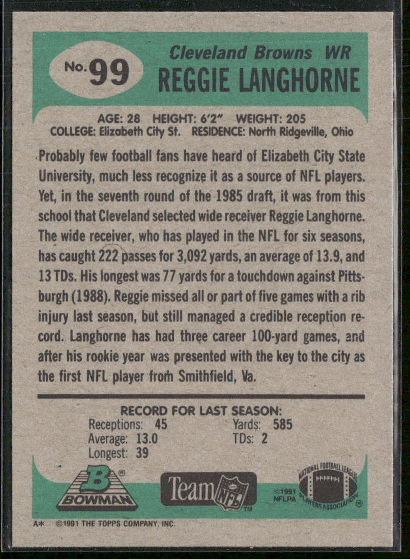 Reggie Langhorne 1991 Bowman #99 Cleveland Browns