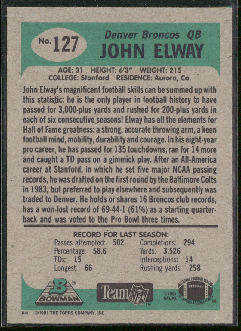 John Elway 1991 Bowman #127 Denver Broncos